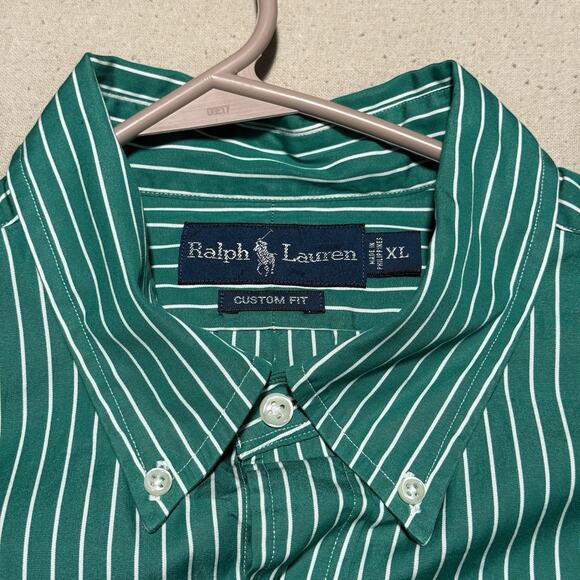 Vintage Ralph Lauren Button Down Shirt Custom Fit Mens XL Green White Striped - Picture 4 of 7